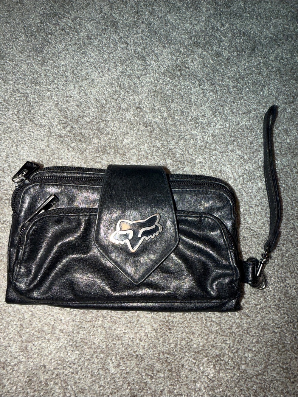 Black Faux Leather Wristlet Clutch with Logo Accent